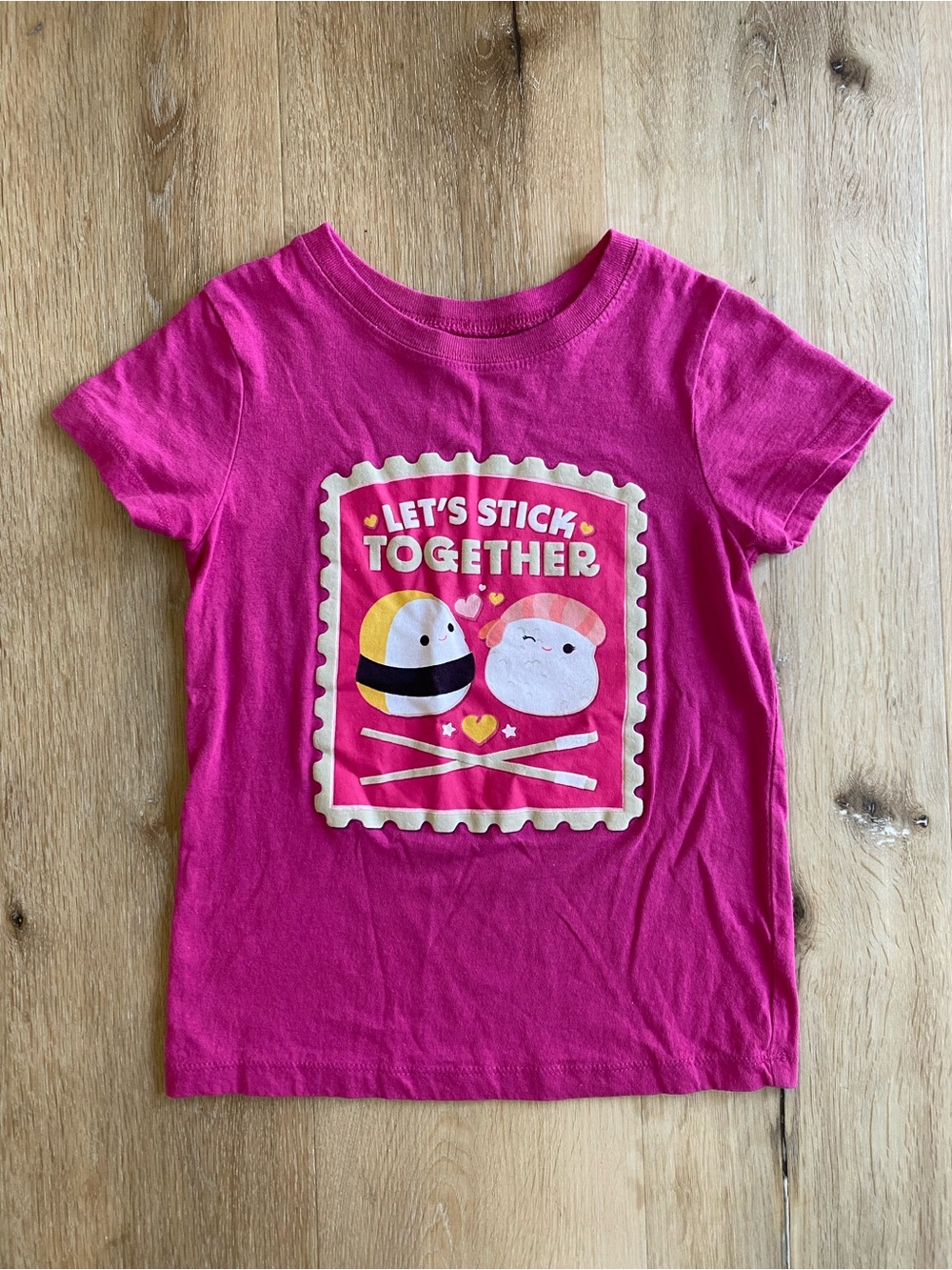 Squishmallows Bright Pink 'Let's Stick Together' Sushi Hearts Love Graphic Tee